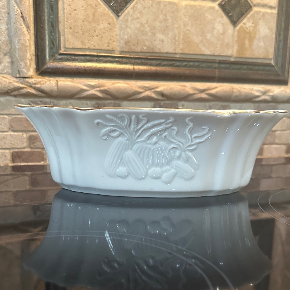 Lenox White Porcelain Vegetable Motif Serving Bowl with Gold Trim